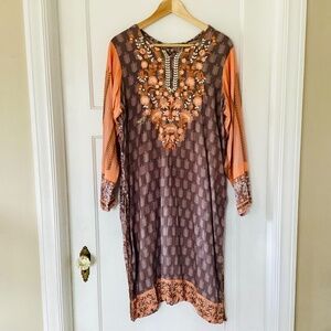 Soft Cotton Women’s L Kurta Gray Orange Embroidered Floral Mixed Print Ethnic